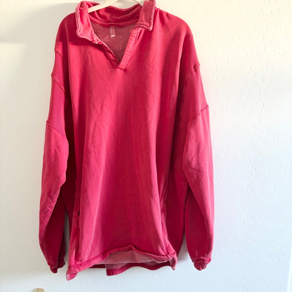 Free People Movement Red Oversized V-Neck Ribbed Panel‎ Pullover Sweatshirt XL